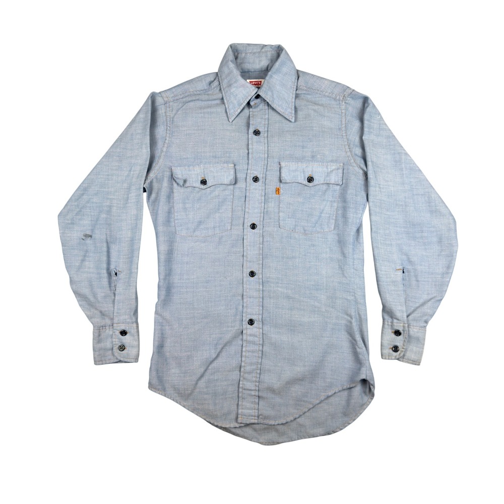 Vtg 70s Levi's Orange Tab Saddleman Chambray Shirt S Jaws Quint Workwear USA